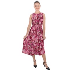 Red Pink Floral Garden Design Midi Tie-back Chiffon Dress by 1dsign