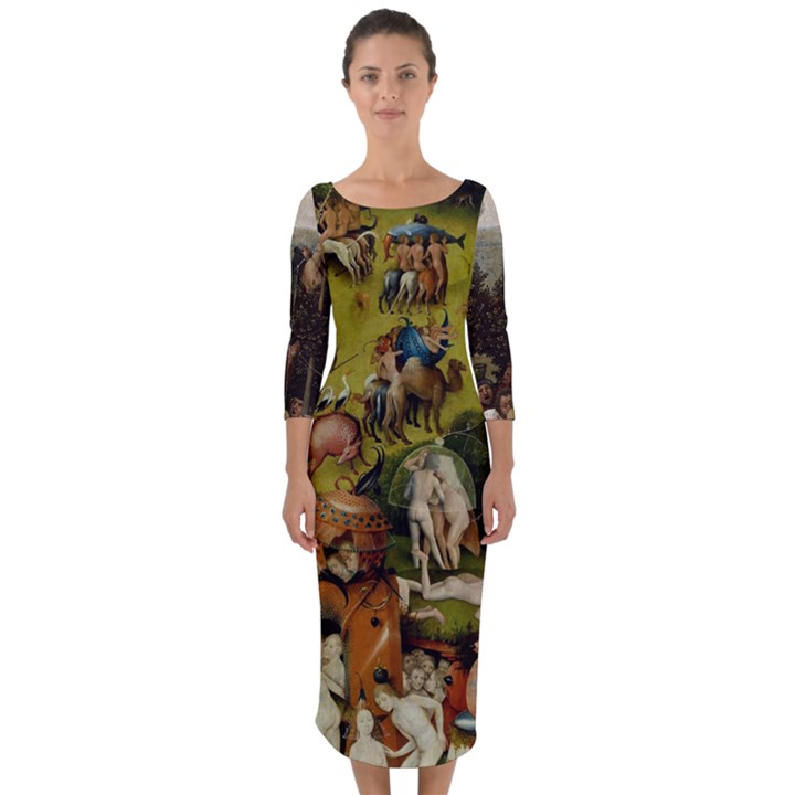 Heronimus Bosch Ship Of Fools Hieronymus Bosch The Garden Of Earthly Delights (closeup) 3 Quarter Sleeve Midi Bodycon Dress