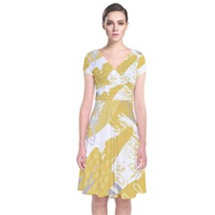 Ochre Yellow And Grey Abstract Short Sleeve Front Wrap Dress