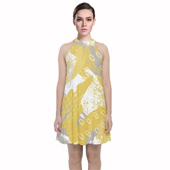 Ochre Yellow And Grey Abstract Velvet Halter Neckline Dress 