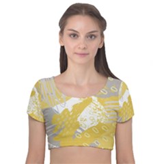 Ochre Yellow And Grey Abstract Velvet Short Sleeve Crop Top 