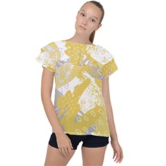 Ochre Yellow And Grey Abstract Ruffle Collar Chiffon Blouse