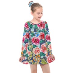 Watercolour Floral  Kids  Long Sleeve Dress by charliecreates