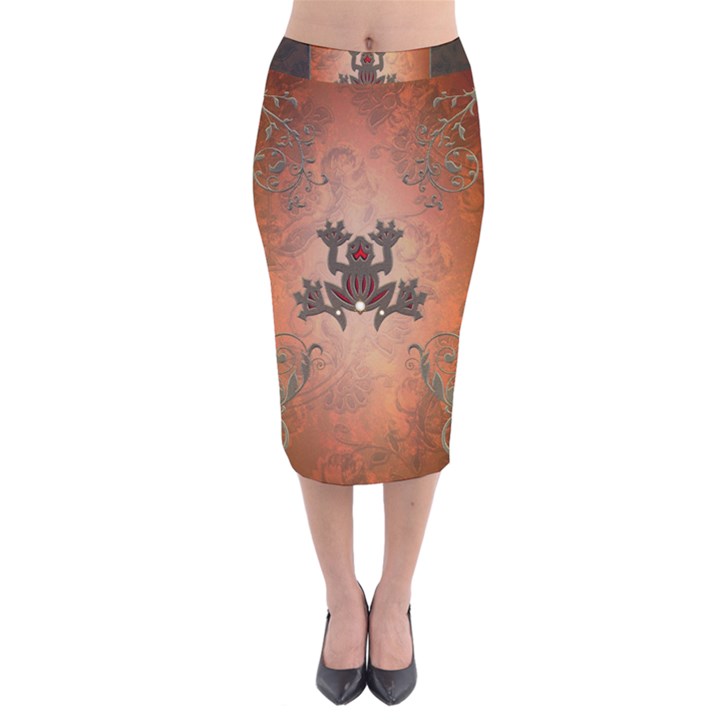 Beautiful Elegant Decorative Frog On Vintage Background Velvet Midi Pencil Skirt