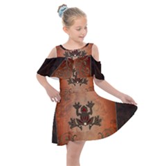 Beautiful Elegant Decorative Frog On Vintage Background Kids  Shoulder Cutout Chiffon Dress by FantasyWorld7