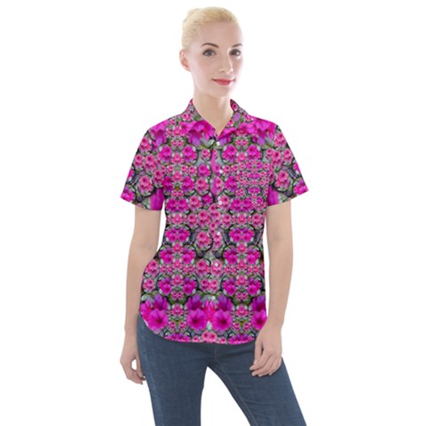 From The Sky Came Flowers In Peace Women s Short Sleeve Pocket Shirt by pepitasart