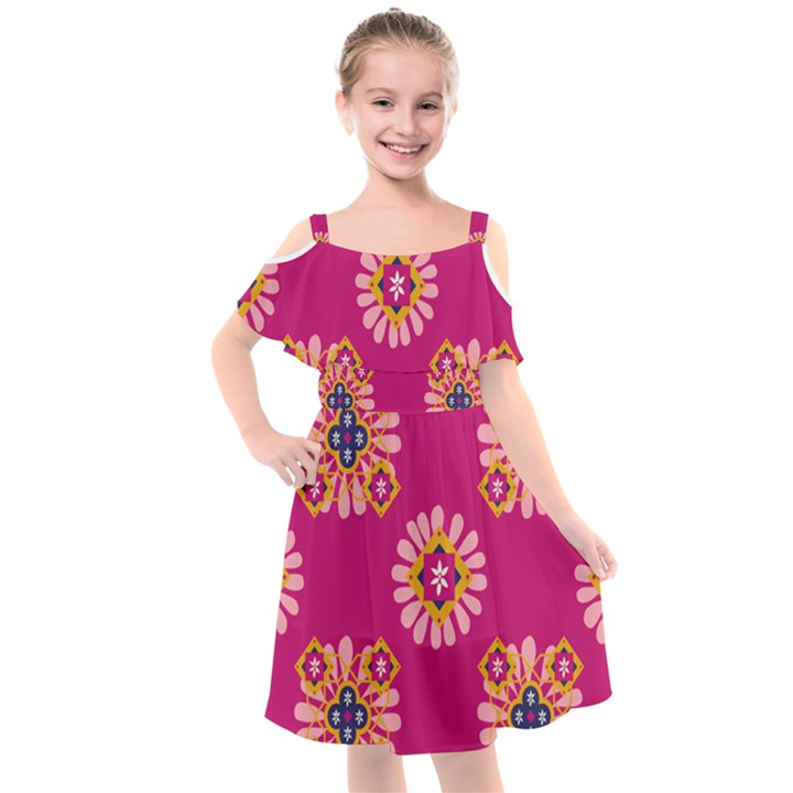 Morroco Tile Traditional Marrakech Kids  Cut Out Shoulders Chiffon Dress