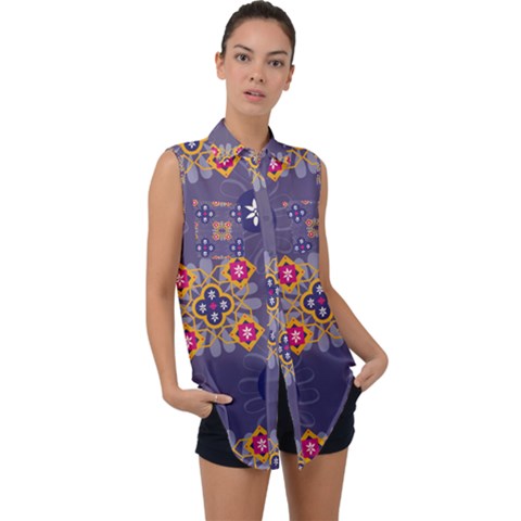 Morocco Tile Traditional Marrakech Sleeveless Chiffon Button Shirt by Pakrebo