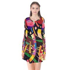 Kandinsky Composition X Long Sleeve V-neck Flare Dress by impacteesstreetwearthree