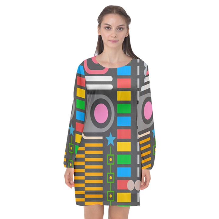 Abstract Background Colors Shapes Long Sleeve Chiffon Shift Dress 