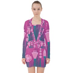 Floral Flowers Abstract Pink V-neck Bodycon Long Sleeve Dress by Pakrebo