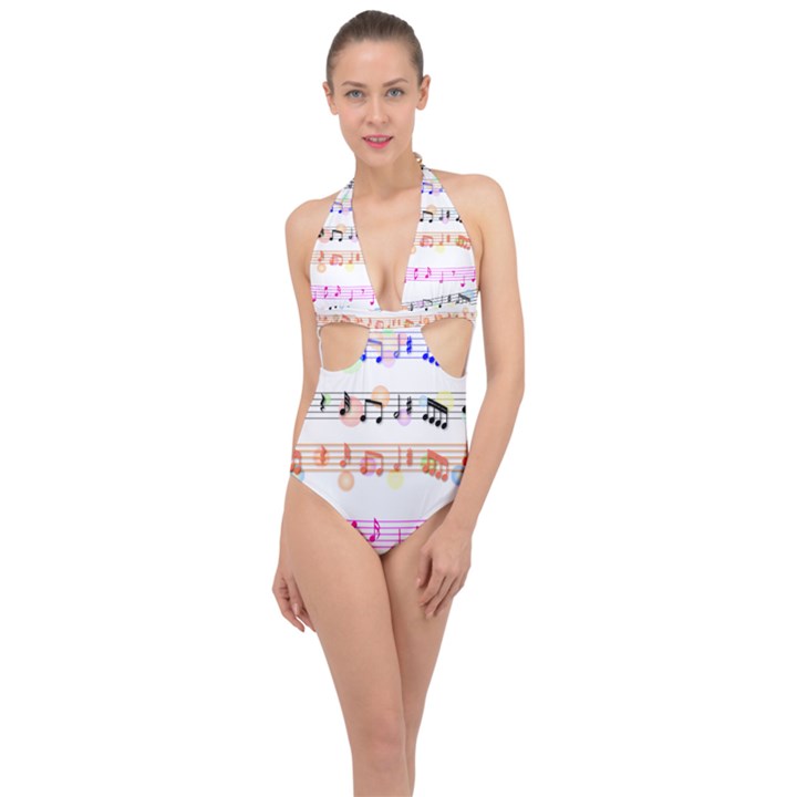 Music Background Music Note Halter Front Plunge Swimsuit