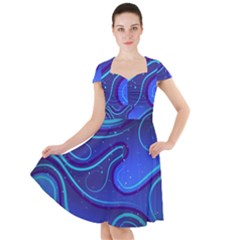 Wavy Abstract Blue Cap Sleeve Midi Dress by Pakrebo