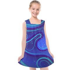 Wavy Abstract Blue Kids  Cross Back Dress by Pakrebo