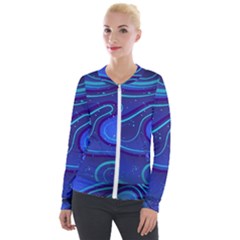 Wavy Abstract Blue Velour Zip Up Jacket