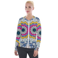 Kaleidoscope Bright Flower Mandala Velour Zip Up Jacket