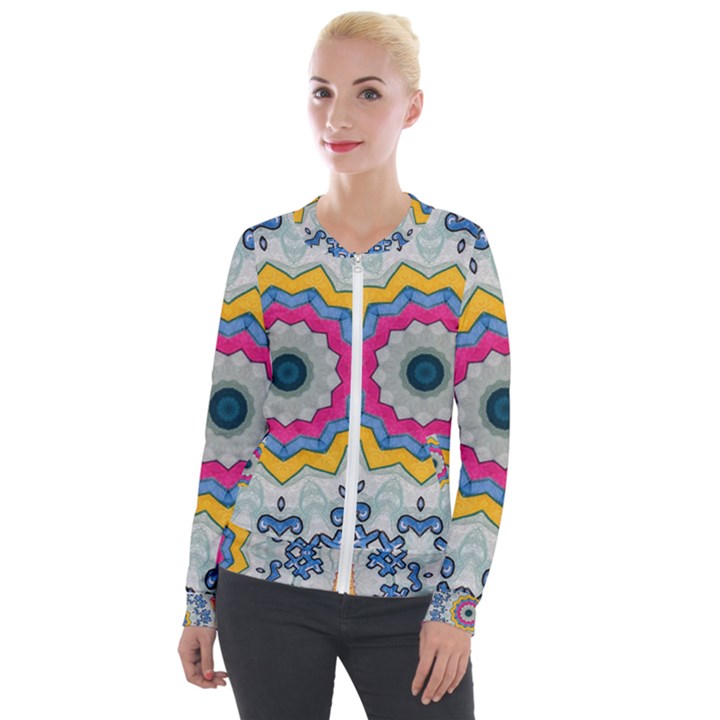 Kaleidoscope Bright Flower Mandala Velour Zip Up Jacket