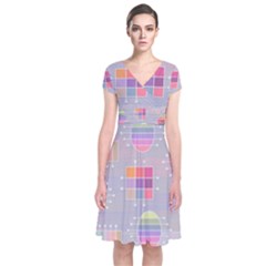 Pastels Shapes Geometric Short Sleeve Front Wrap Dress by Pakrebo