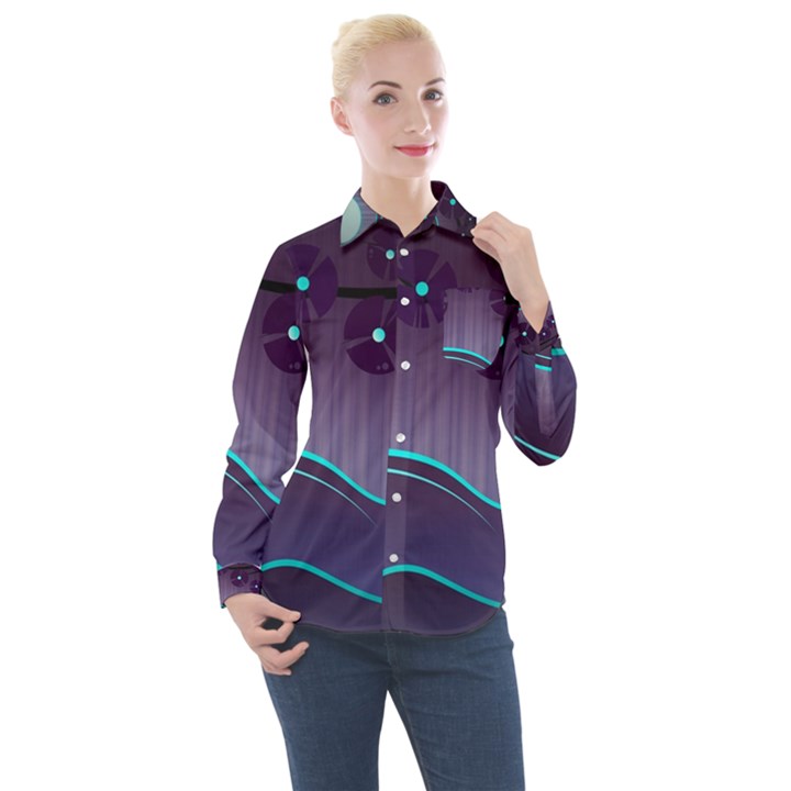 Scenery Sea Full Moon Stylized Women s Long Sleeve Pocket Shirt