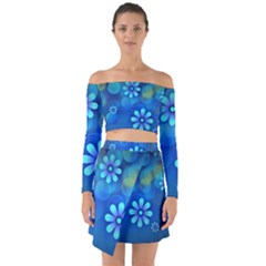 Bokeh Floral Blue Design Off Shoulder Top With Skirt Set by Pakrebo