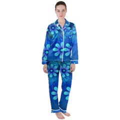 Bokeh Floral Blue Design Satin Long Sleeve Pyjamas Set