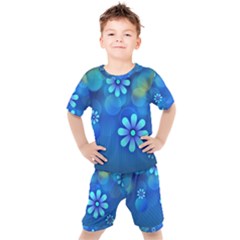 Bokeh Floral Blue Design Kids  Tee And Shorts Set by Pakrebo