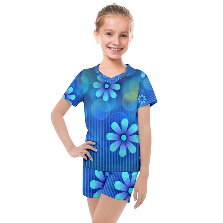 Bokeh Floral Blue Design Kids  Mesh Tee and Shorts Set