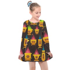 Pattern Non Seamless Objects Pots Kids  Long Sleeve Dress by Pakrebo