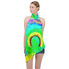 Abstract Color Design Background Halter Asymmetric Satin Top by Pakrebo