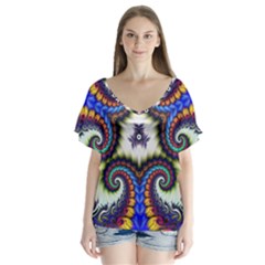 Abstract Texture Fractal Figure V-neck Flutter Sleeve Top by Pakrebo