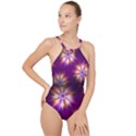 Floral Non Seamless Pattern Purple High Neck One Piece Swimsuit View1