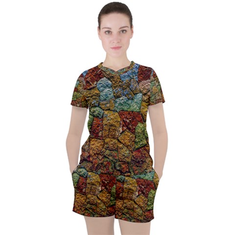 Texture Stone Structure Pattern Women s Tee And Shorts Set by Pakrebo