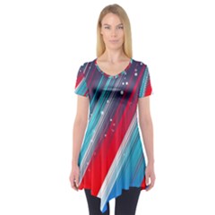 Abstract Red White Blue Feathery Short Sleeve Tunic  by Pakrebo