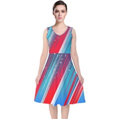 Abstract Red White Blue Feathery V-neck Midi Sleeveless Dress 