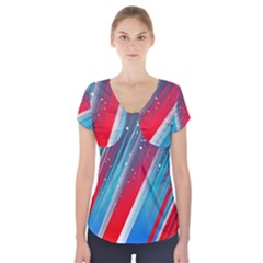 Abstract Red White Blue Feathery Short Sleeve Front Detail Top by Pakrebo