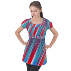 Abstract Red White Blue Feathery Puff Sleeve Tunic Top by Pakrebo