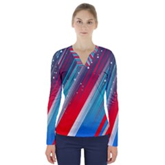 Abstract Red White Blue Feathery V-neck Long Sleeve Top by Pakrebo