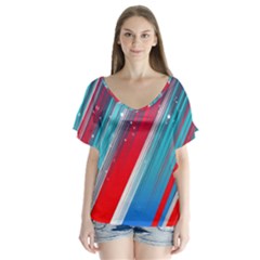 Abstract Red White Blue Feathery V-neck Flutter Sleeve Top by Pakrebo