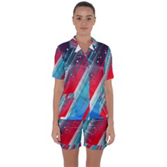 Abstract Red White Blue Feathery Satin Short Sleeve Pyjamas Set by Pakrebo