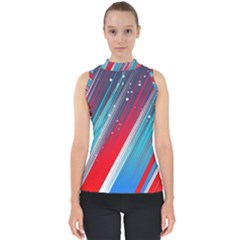 Abstract Red White Blue Feathery Mock Neck Shell Top by Pakrebo