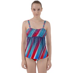 Abstract Red White Blue Feathery Twist Front Tankini Set by Pakrebo