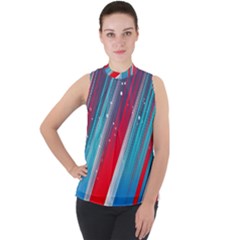 Abstract Red White Blue Feathery Mock Neck Chiffon Sleeveless Top by Pakrebo