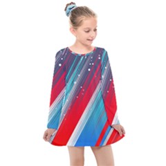 Abstract Red White Blue Feathery Kids  Long Sleeve Dress by Pakrebo