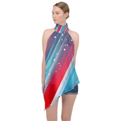 Abstract Red White Blue Feathery Halter Asymmetric Satin Top by Pakrebo