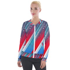 Abstract Red White Blue Feathery Velour Zip Up Jacket