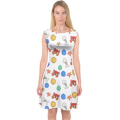 Crabs Pattern Capsleeve Midi Dress