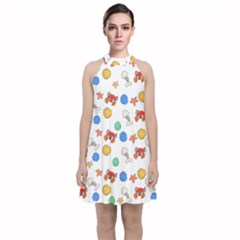 Crabs Pattern Velvet Halter Neckline Dress 