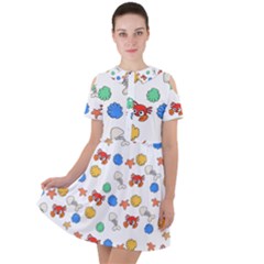 Crabs Pattern Short Sleeve Shoulder Cut Out Dress 