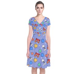 Crabs Pattern Short Sleeve Front Wrap Dress