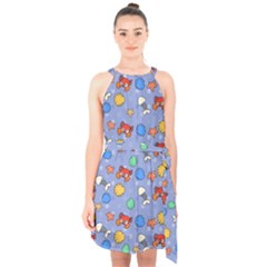 Crabs Pattern Halter Collar Waist Tie Chiffon Dress